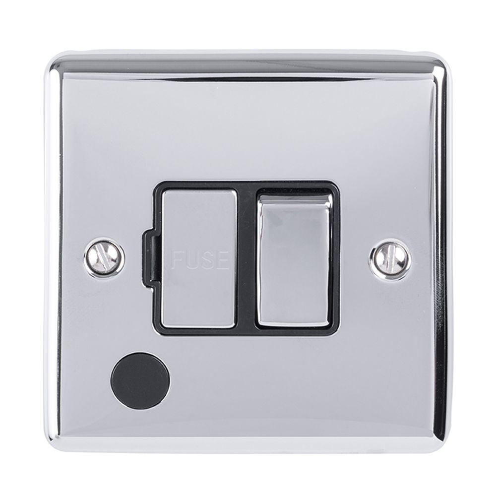 This is an image showing Eurolite Enhance Decorative Switched Fuse Spur With Flex Outlet - Polished Chrome (With Black Trim) enswffopcb available to order from T.H. Wiggans Ironmongery in Kendal, quick delivery and discounted prices.