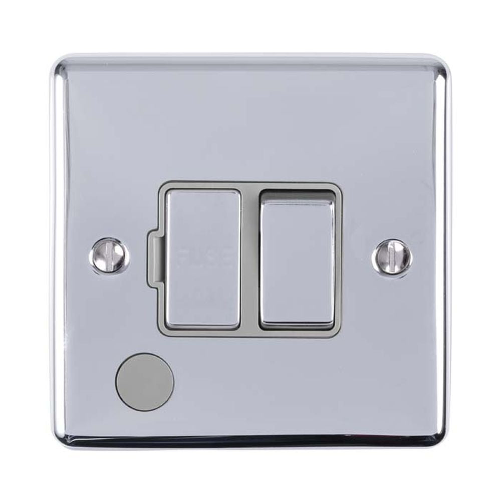This is an image showing Eurolite Enhance Decorative Switched Fuse Spur With Flex Outlet - Polished Chrome (With Grey Trim) enswffopcg available to order from T.H. Wiggans Ironmongery in Kendal, quick delivery and discounted prices.