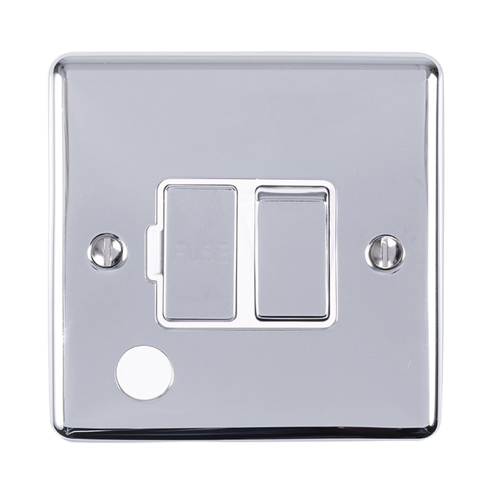 This is an image showing Eurolite Enhance Decorative Switched Fuse Spur With Flex Outlet - Polished Chrome (With White Trim) enswffopcw available to order from T.H. Wiggans Ironmongery in Kendal, quick delivery and discounted prices.