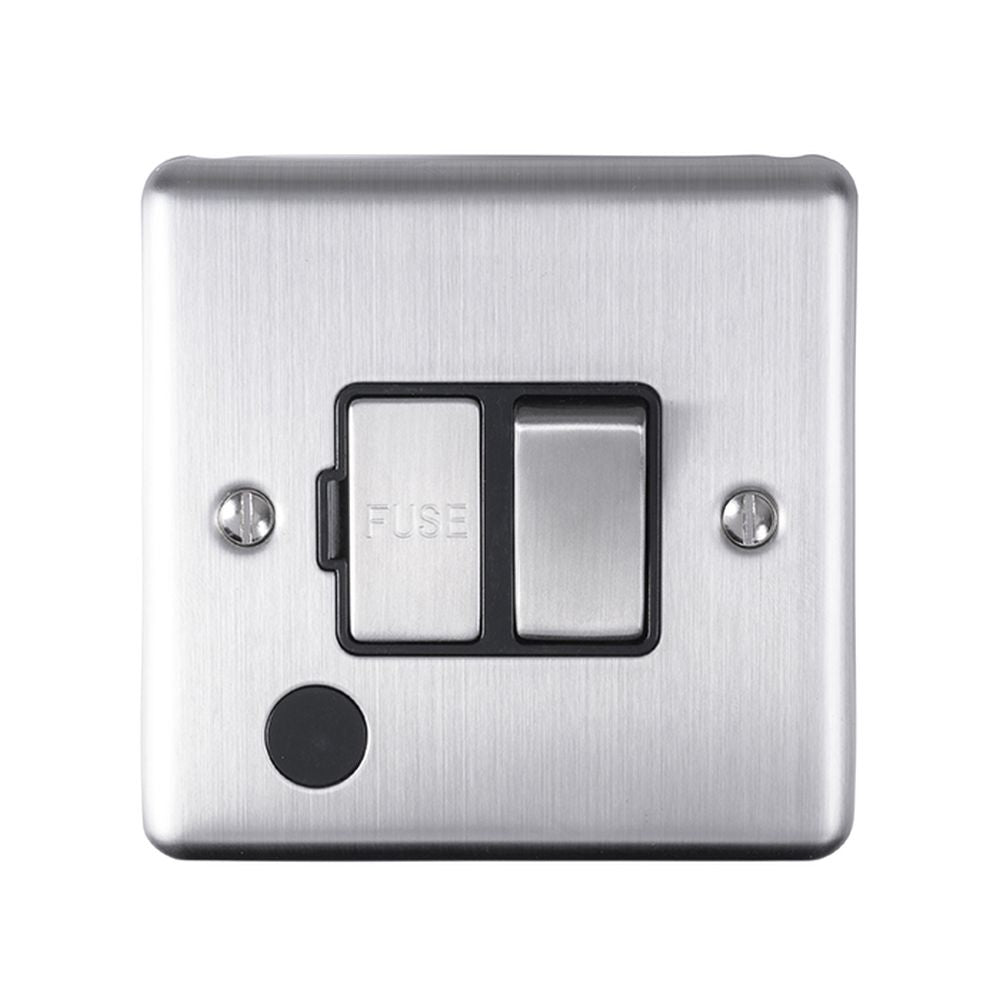 This is an image showing Eurolite Enhance Decorative Switched Fuse Spur With Flex Outlet - Satin Stainless Steel (With Black Trim) enswffossb available to order from T.H. Wiggans Ironmongery in Kendal, quick delivery and discounted prices.
