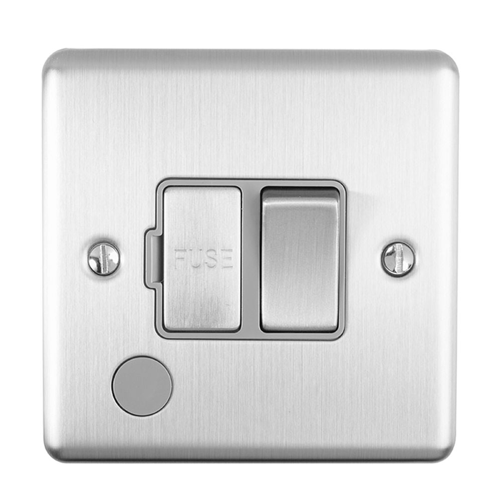 This is an image showing Eurolite Enhance Decorative Switched Fuse Spur With Flex Outlet - Satin Stainless Steel (With Grey Trim) enswffossg available to order from T.H. Wiggans Ironmongery in Kendal, quick delivery and discounted prices.