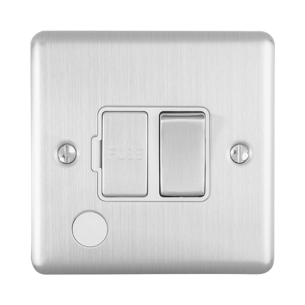 This is an image showing Eurolite Enhance Decorative Switched Fuse Spur With Flex Outlet - Satin Stainless Steel (With White Trim) enswffossw available to order from T.H. Wiggans Ironmongery in Kendal, quick delivery and discounted prices.