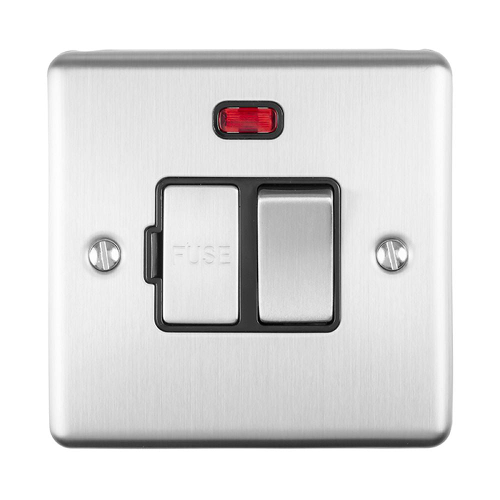 This is an image showing Eurolite Enhance Decorative Switched Fuse Spur With Neon Indicator - Satin Stainless Steel (With Black Trim) enswfnssb available to order from T.H. Wiggans Ironmongery in Kendal, quick delivery and discounted prices.