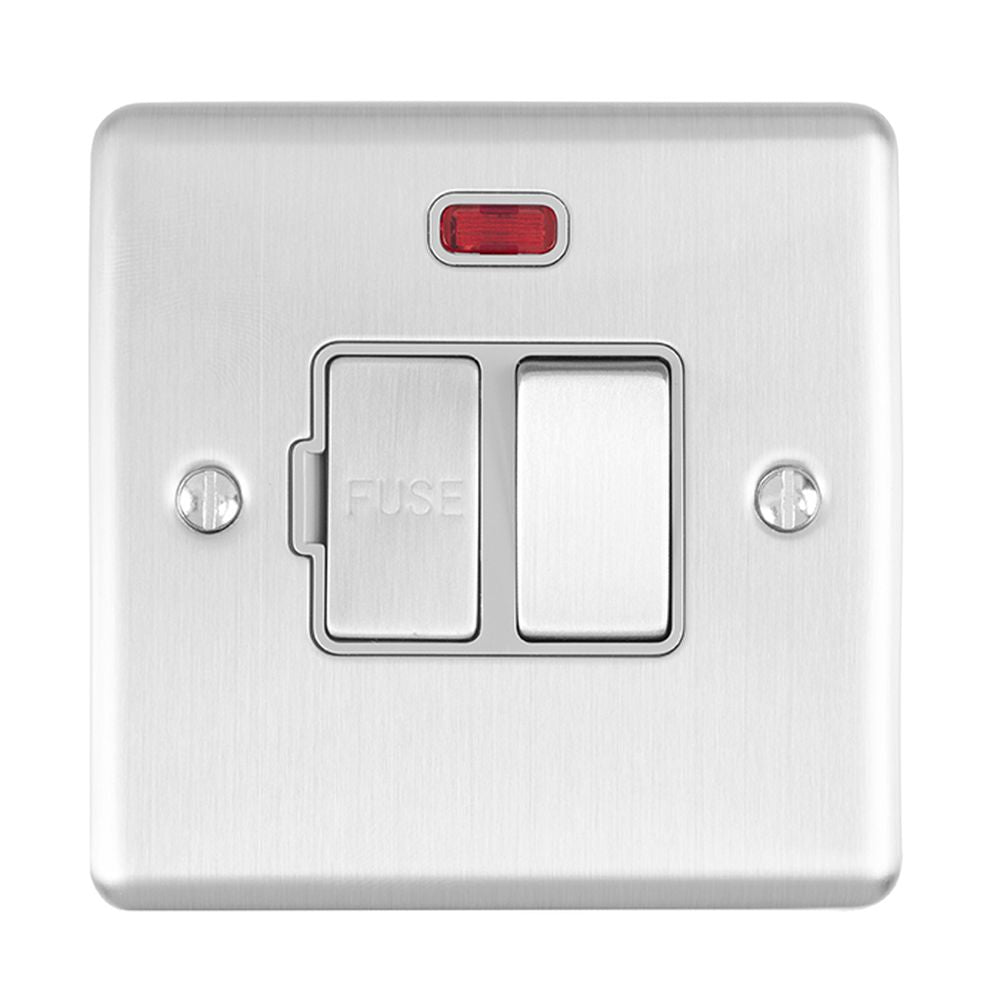 This is an image showing Eurolite Enhance Decorative Switched Fuse Spur With Neon Indicator - Satin Stainless Steel (With Grey Trim) enswfnssg available to order from T.H. Wiggans Ironmongery in Kendal, quick delivery and discounted prices.