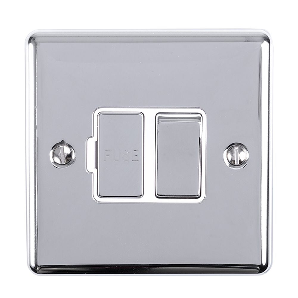 This is an image showing Eurolite Enhance Decorative Switched Fuse Spur - Polished Chrome (With White Trim) enswfpcw available to order from T.H. Wiggans Ironmongery in Kendal, quick delivery and discounted prices.