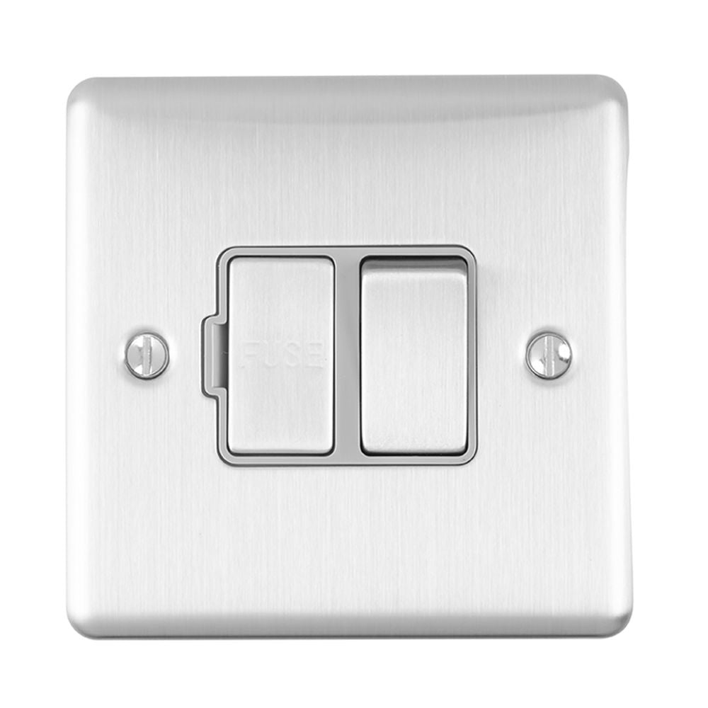 This is an image showing Eurolite Enhance Decorative Switched Fuse Spur - Satin Stainless Steel (With Grey Trim) enswfssg available to order from T.H. Wiggans Ironmongery in Kendal, quick delivery and discounted prices.