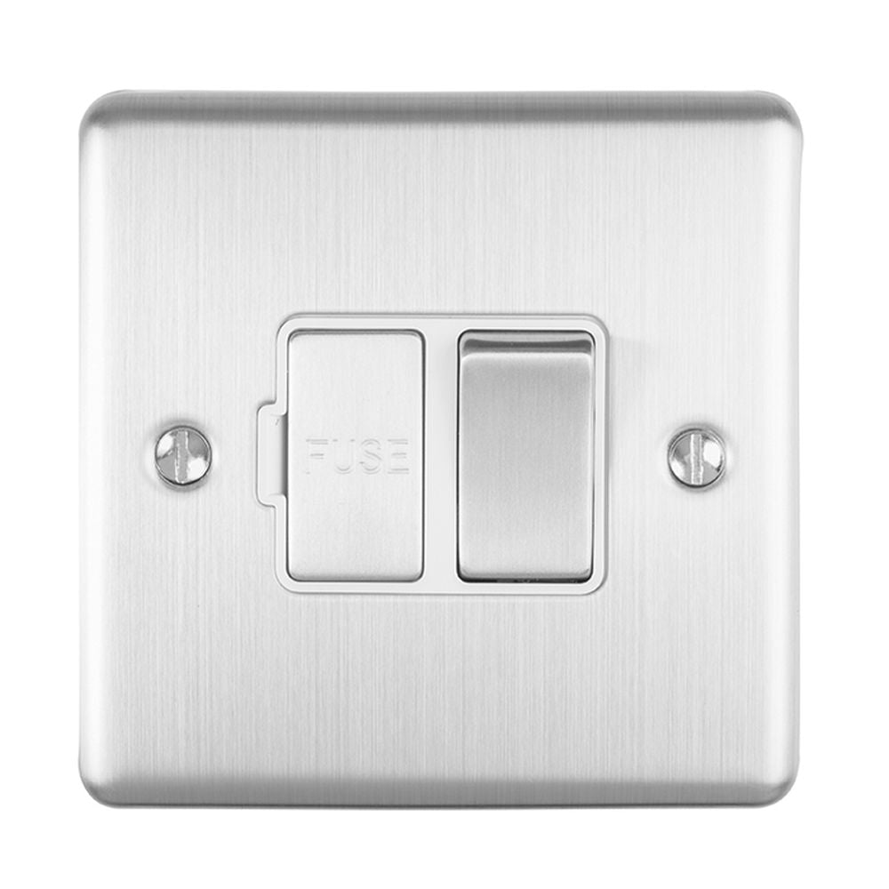 This is an image showing Eurolite Enhance Decorative Switched Fuse Spur - Satin Stainless Steel (With White Trim) enswfssw available to order from T.H. Wiggans Ironmongery in Kendal, quick delivery and discounted prices.