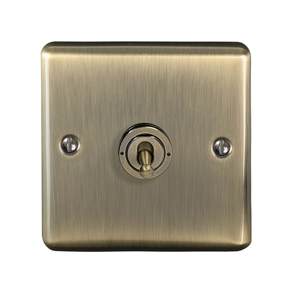 This is an image showing Eurolite Enhance Decorative 1 Gang Toggle Switch - Antique Brass (With Black Trim) ent1swabb available to order from T.H. Wiggans Ironmongery in Kendal, quick delivery and discounted prices.