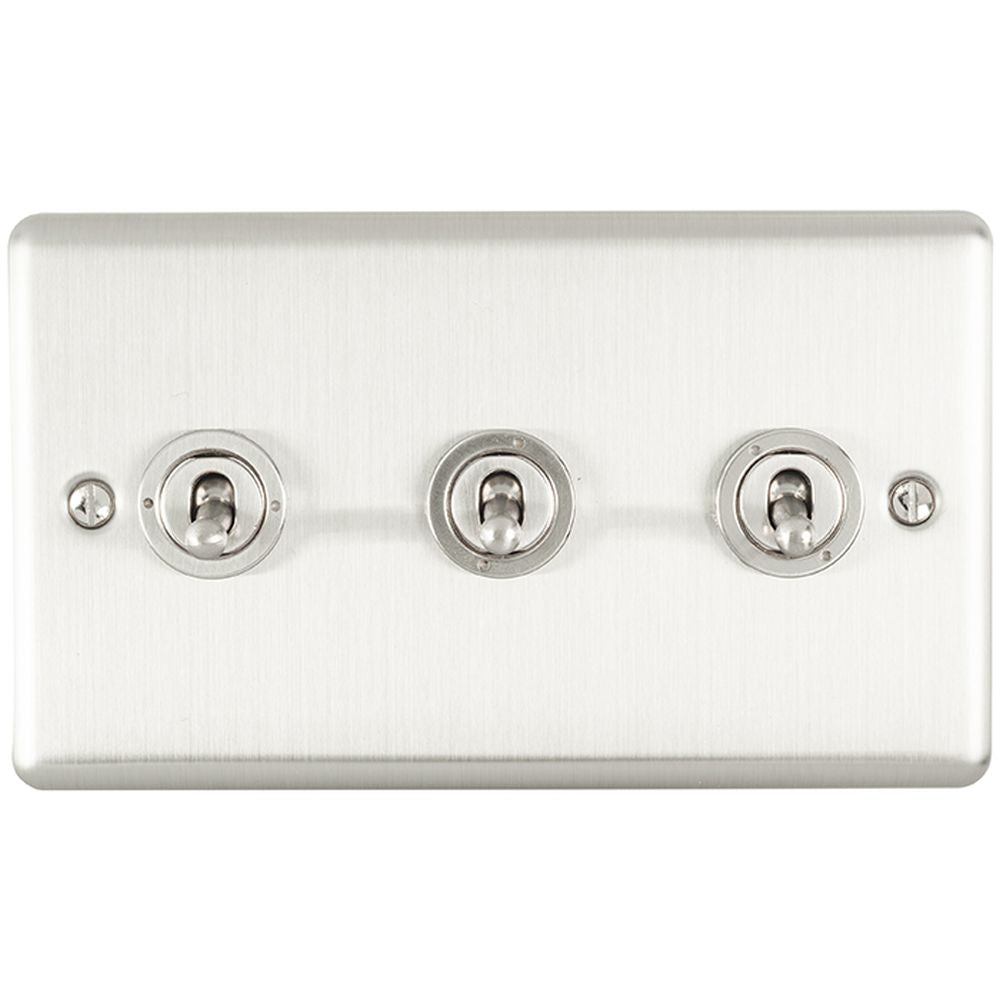 This is an image showing Eurolite Enhance Decorative 3 Gang Toggle Switch - Satin Stainless Steel ent3swss available to order from T.H. Wiggans Ironmongery in Kendal, quick delivery and discounted prices.