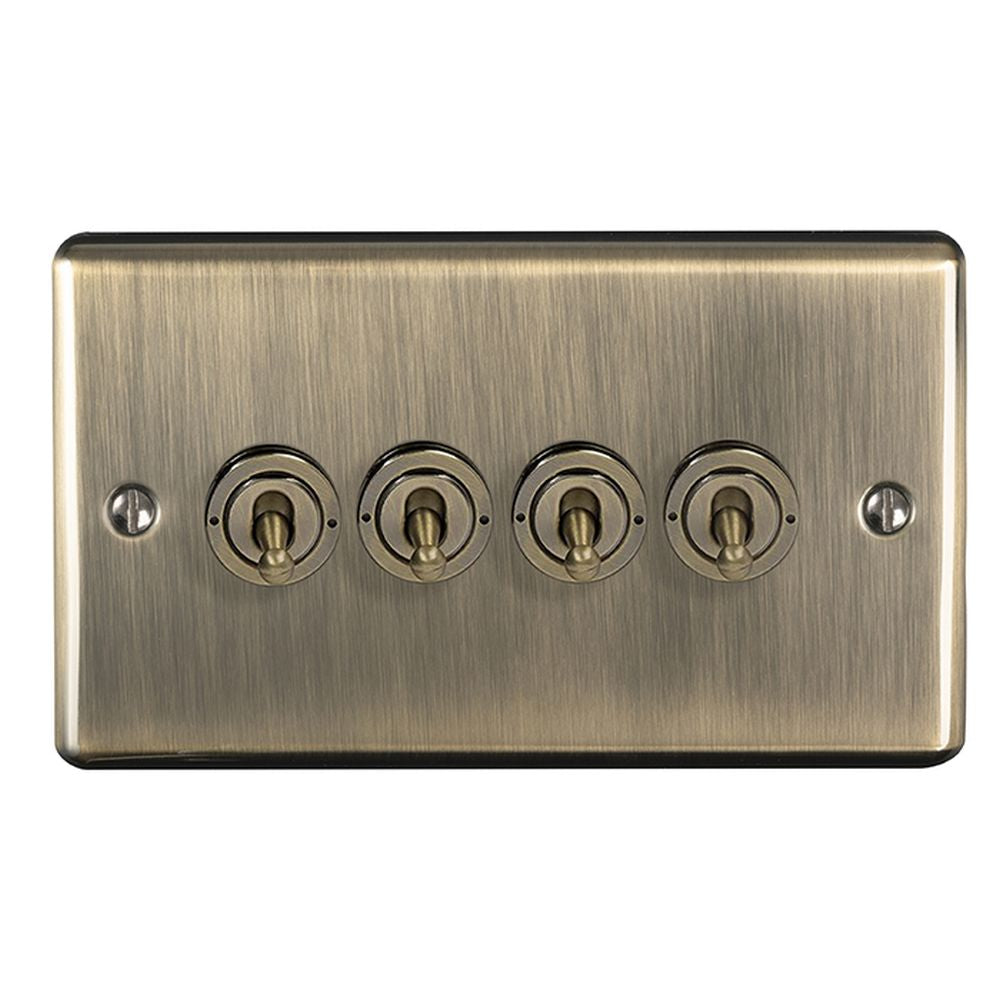 This is an image showing Eurolite Enhance Decorative 4 Gang Toggle Switch - Antique Brass (With Black Trim) ent4swabb available to order from T.H. Wiggans Ironmongery in Kendal, quick delivery and discounted prices.