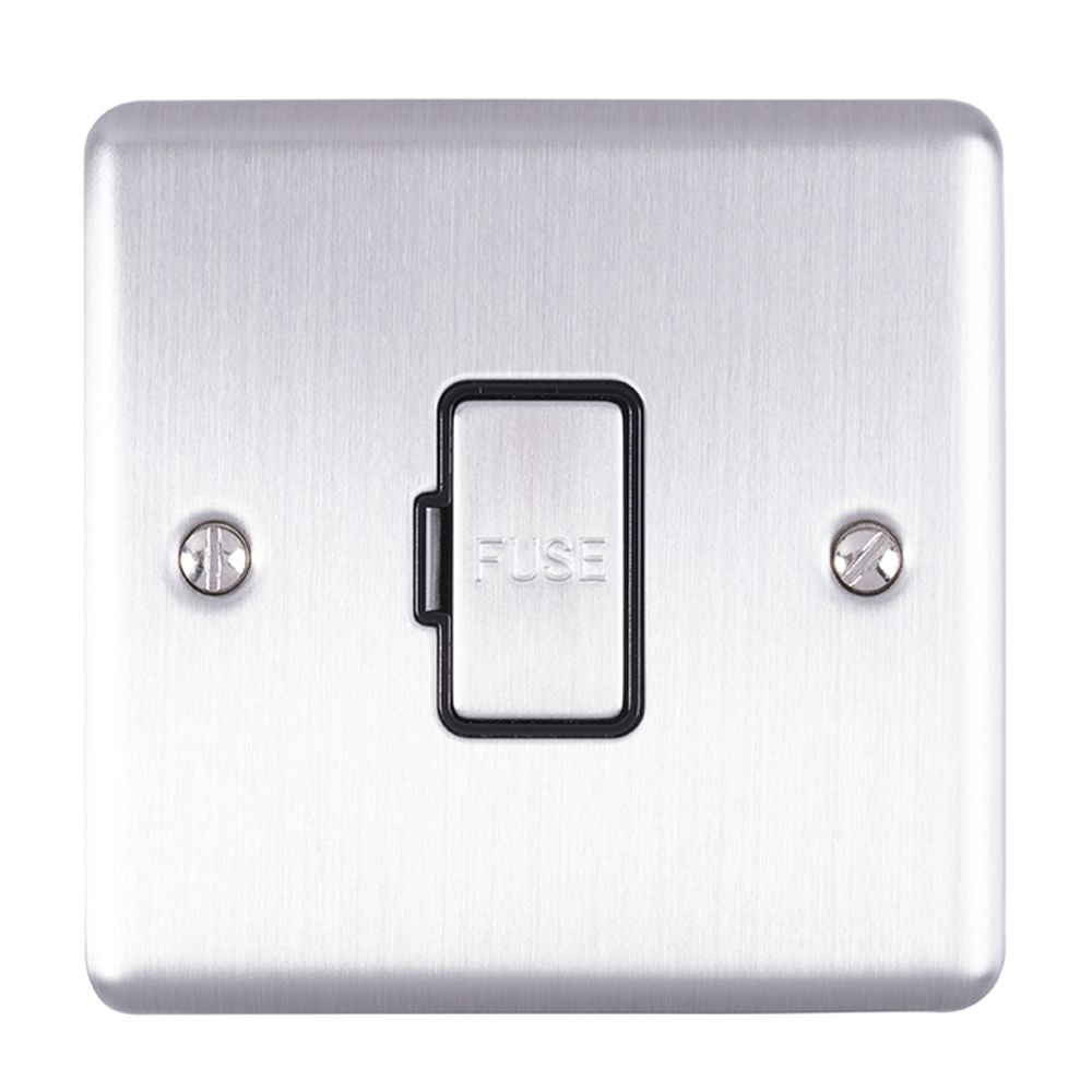 This is an image showing Eurolite Enhance Decorative Unswitched Fuse Spur - Satin Stainless Steel (With Black Trim) enuswfssb available to order from T.H. Wiggans Ironmongery in Kendal, quick delivery and discounted prices.