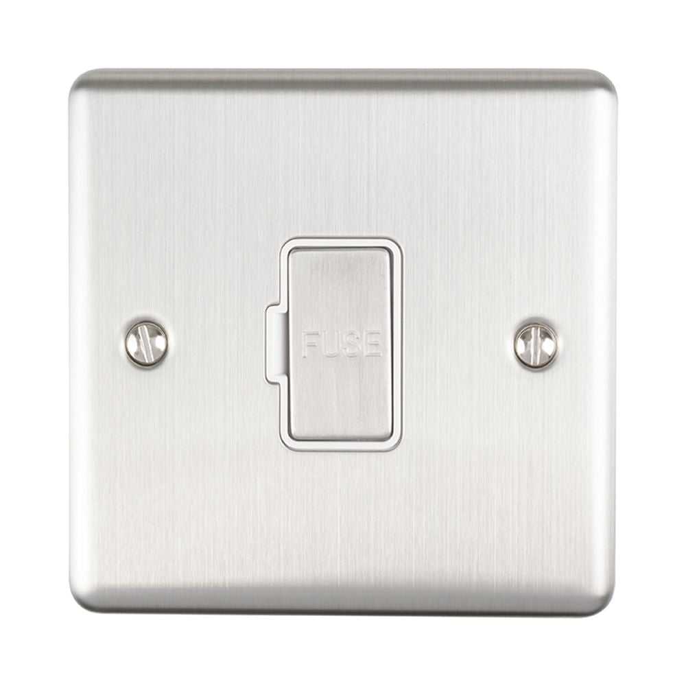 This is an image showing Eurolite Enhance Decorative Unswitched Fuse Spur - Satin Stainless Steel (With White Trim) enuswfssw available to order from T.H. Wiggans Ironmongery in Kendal, quick delivery and discounted prices.