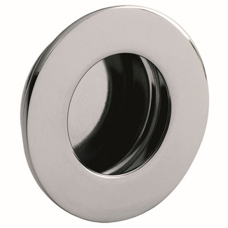 This is an image of a Eurospec - Circular Flush Pull - Bright Stainless Steel that is availble to order from T.H Wiggans Architectural Ironmongery in Kendal in Kendal.
