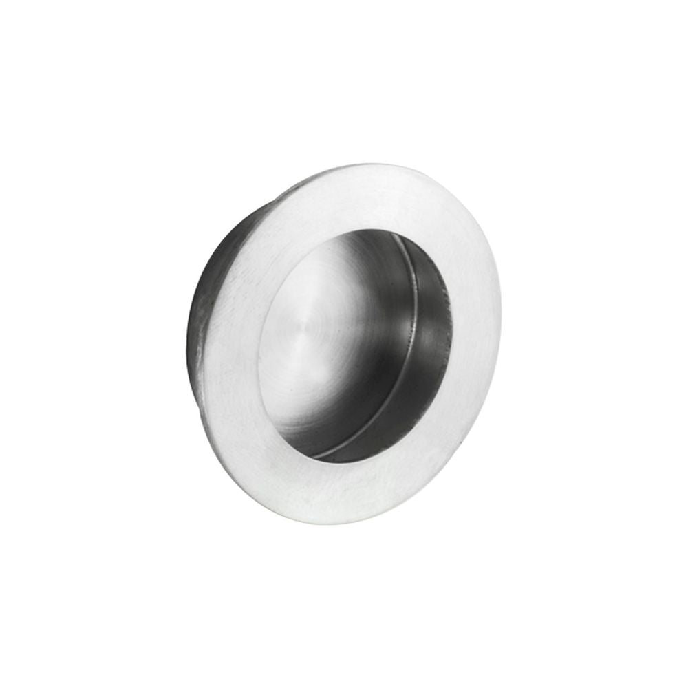 This is an image of a Eurospec - Circular Flush Pull - Satin Stainless Steel that is availble to order from T.H Wiggans Architectural Ironmongery in Kendal in Kendal.