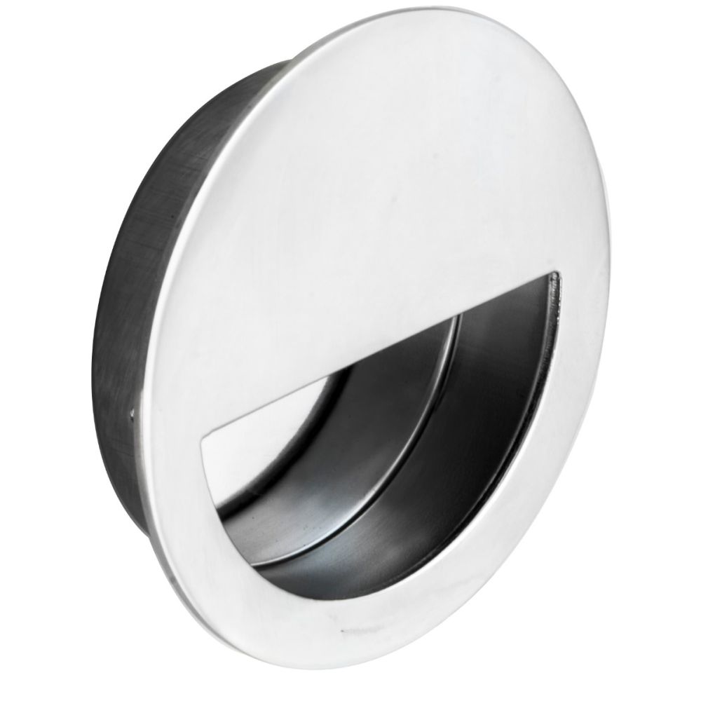 This is an image of a Eurospec - Circular Flush Pull - Bright Stainless Steel that is availble to order from T.H Wiggans Architectural Ironmongery in Kendal in Kendal.