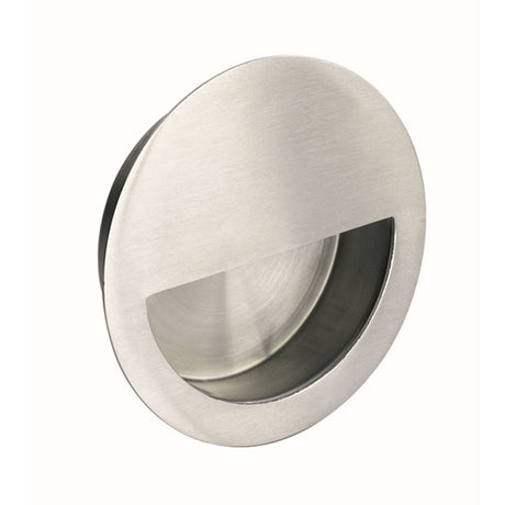 This is an image of a Eurospec - Circular Flush Pull - Satin Stainless Steel that is availble to order from T.H Wiggans Architectural Ironmongery in Kendal in Kendal.