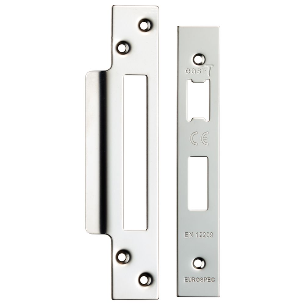 This is an image of a Eurospec - Easi - T Forend Strike and Fixing Pack-Bright Stainless Steel-Square that is availble to order from T.H Wiggans Architectural Ironmongery in Kendal.