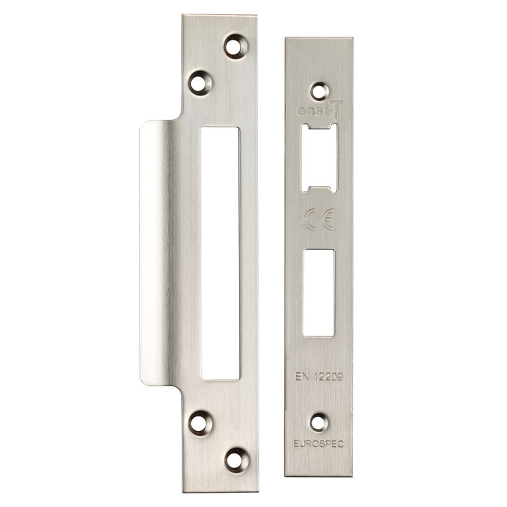 This is an image of a Eurospec - Easi - T Forend Strike and Fixing Pack-Satin Stainless Steel-Square F that is availble to order from T.H Wiggans Architectural Ironmongery in Kendal.