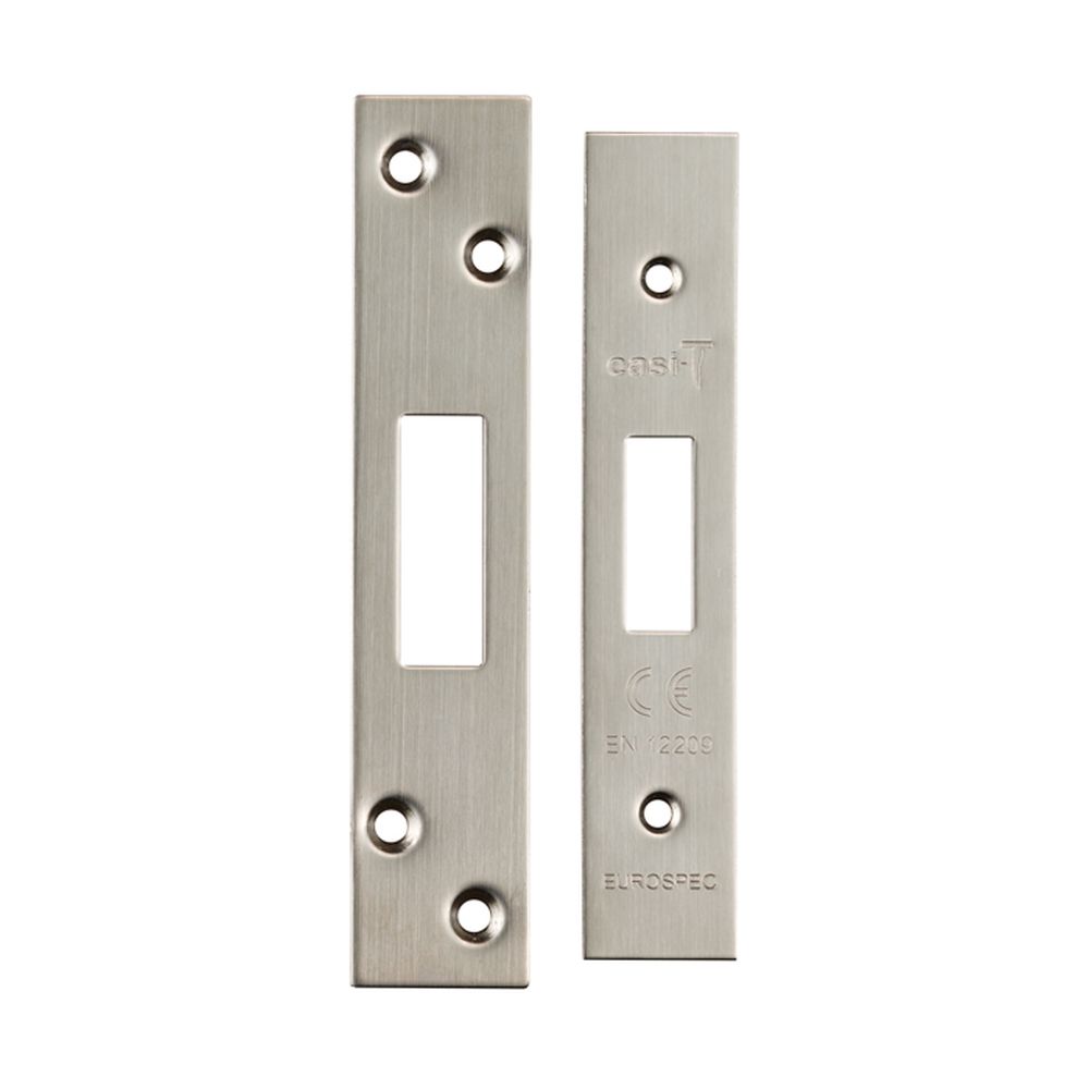 This is an image of a Eurospec - Easi T Forend Strikes & Fixing Pack Deadlocks-Satin Stainless Steel-S that is availble to order from T.H Wiggans Architectural Ironmongery in Kendal.