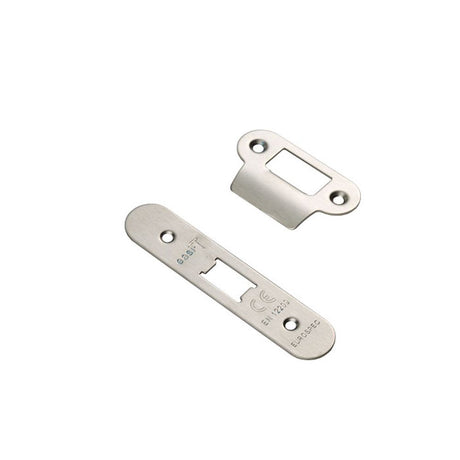 This is an image of a Eurospec - Forend Strike & Fixing Pack To Suit Flat Latch FLL5030-Satin Stainles that is availble to order from T.H Wiggans Architectural Ironmongery in Kendal.