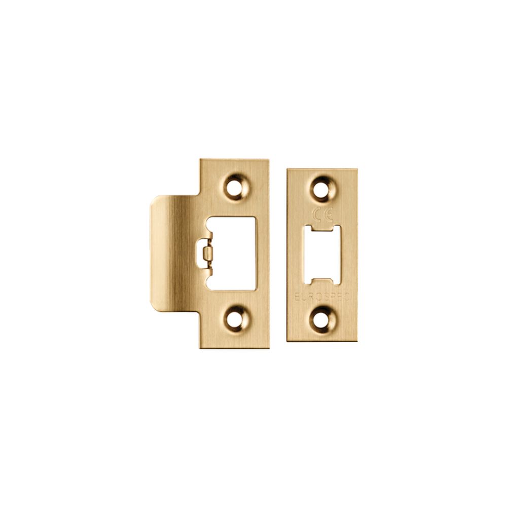 This is an image of a Eurospec - Tls Forend & Strike Pack - Satin Brass that is availble to order from T.H Wiggans Architectural Ironmongery in Kendal.