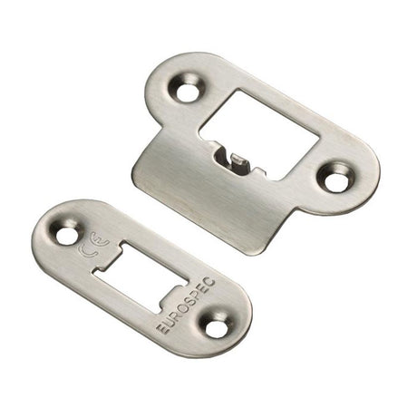 This is an image of a Eurospec - Forend Strike & Fixing Pack To Suit Heavy Duty Tubular Latch-Satin St that is availble to order from T.H Wiggans Architectural Ironmongery in Kendal.