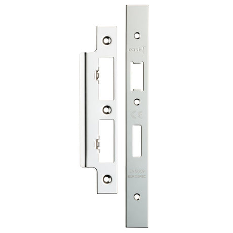 This is an image of a Eurospec - Forend Strike & Fixing Pack To Suit Din Euro Sash/Bathroom Lock-Brigh that is availble to order from T.H Wiggans Architectural Ironmongery in Kendal.