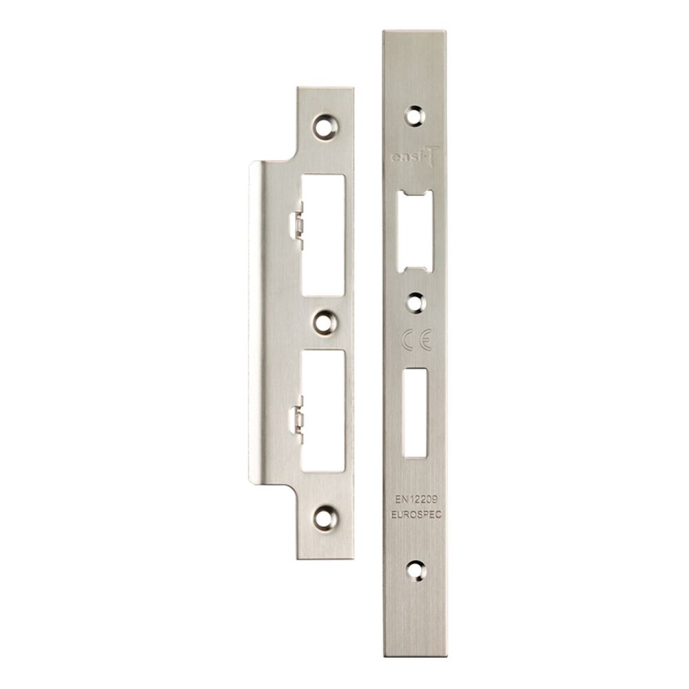 This is an image of a Eurospec - Forend Strike & Fixing Pack To Suit Din Euro Sash/Bathroom Lock-Satin that is availble to order from T.H Wiggans Architectural Ironmongery in Kendal.