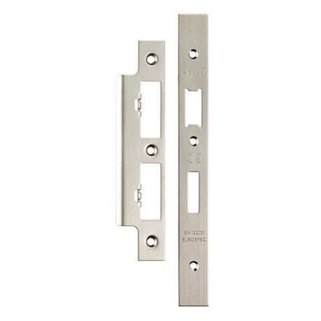 This is an image of a Eurospec - Forend Strike & Fixing Pack To Suit Din Euro Sash/Bathroom Lock-Satin that is availble to order from T.H Wiggans Architectural Ironmongery in Kendal.