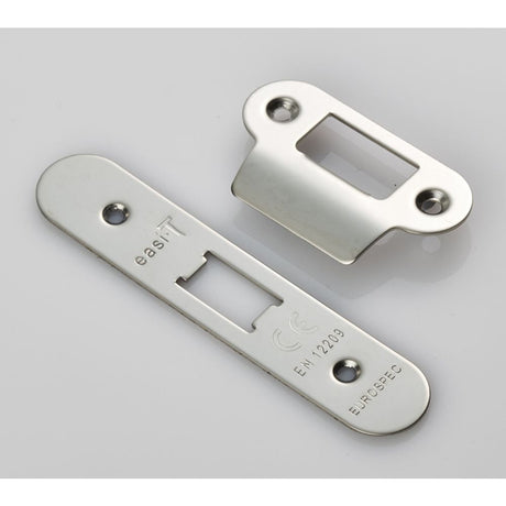 This is an image of a Eurospec - Forend Strike & Fixing Pack To Suit Flat Latch FLL5030-Bright Stainle that is availble to order from T.H Wiggans Architectural Ironmongery in Kendal.