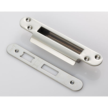 This is an image of a Eurospec - Easi T Forend Strike & FIxing Pack To Suit BS 5 Lever Sashlock-Bright that is availble to order from T.H Wiggans Architectural Ironmongery in Kendal.