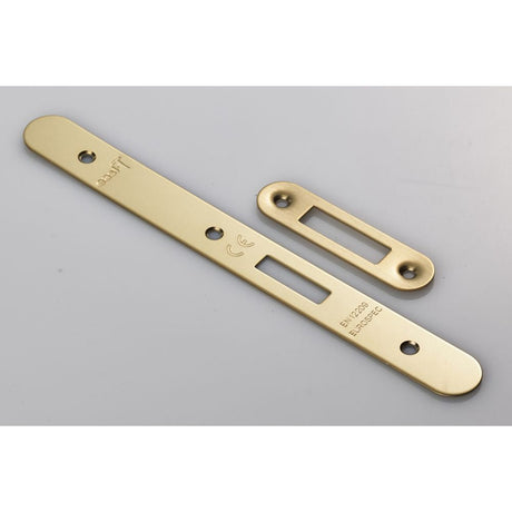 This is an image of a Eurospec - Forend Strike & Fixing Pack To Suit Din Euro Deadlock-PVD-Radius Fore that is availble to order from T.H Wiggans Architectural Ironmongery in Kendal.