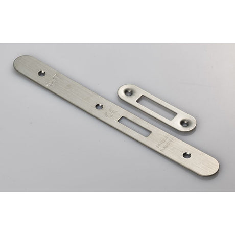 This is an image of a Eurospec - Forend Strike & Fixing Pack To Suit Din Euro Deadlock-Satin Stainless that is availble to order from T.H Wiggans Architectural Ironmongery in Kendal.