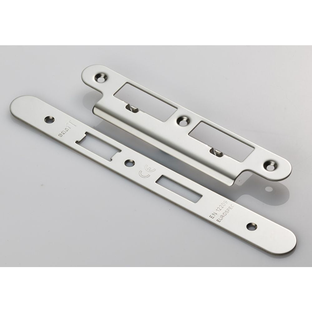 This is an image of a Eurospec - Forend Strike & Fixing Pack To Suit Din Euro Sash/Bathroom Lock-Brigh that is availble to order from T.H Wiggans Architectural Ironmongery in Kendal.