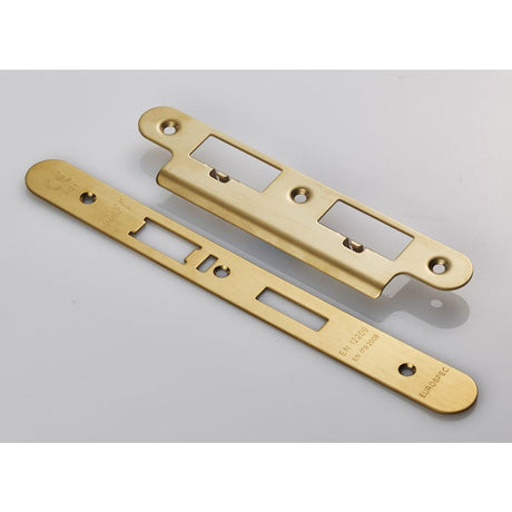 This is an image of a Eurospec - Forend Strike & Fixing Pack To Suit Din Escape Lock-PVD-Radius Forend that is availble to order from T.H Wiggans Architectural Ironmongery in Kendal.