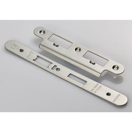 This is an image of a Eurospec - Forend Strike & Fixing Pack To Suit Din Escape Lock-Satin Stainless S that is availble to order from T.H Wiggans Architectural Ironmongery in Kendal.