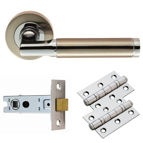 This is an image of Carlisle Brass - Belas Lever on Rose Latch Pack - Satin Nickel / Polished Chrome available to order from T.H Wiggans Architectural Ironmongery in Kendal, quick delivery and discounted prices.