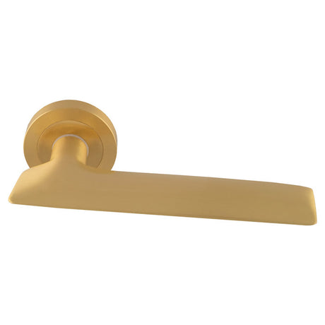 This is an image of a Manital - Hygge due Lever on Round Rose - Satin Brass hyd5sb that is availble to order from T.H Wiggans Ironmongery in Kendal.