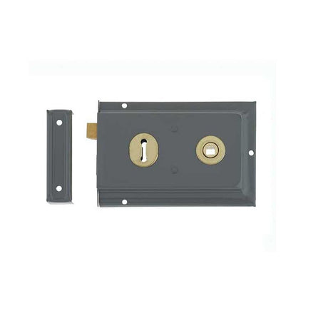 This is an image of a Frelan - 152.5x102mm Grey Rim lock that is availble to order from T.H Wiggans Architectural Ironmongery in Kendal.