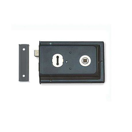 This is an image of a Frelan - 152.5x102mm Black Rim lock that is availble to order from T.H Wiggans Architectural Ironmongery in Kendal.