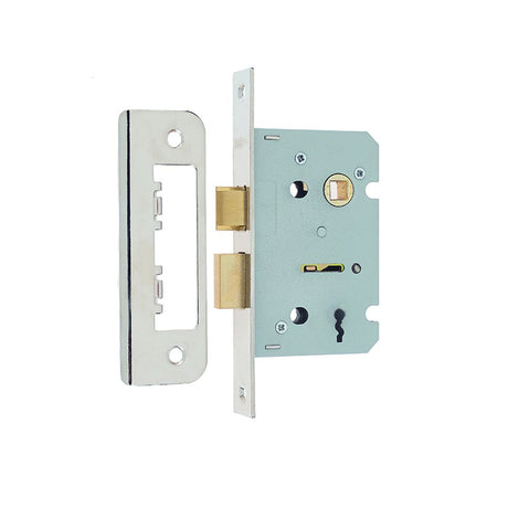 This is an image of a Frelan - 63mm NP 2/L sashlock square forend & radiused strike plate that is availble to order from T.H Wiggans Architectural Ironmongery in Kendal.