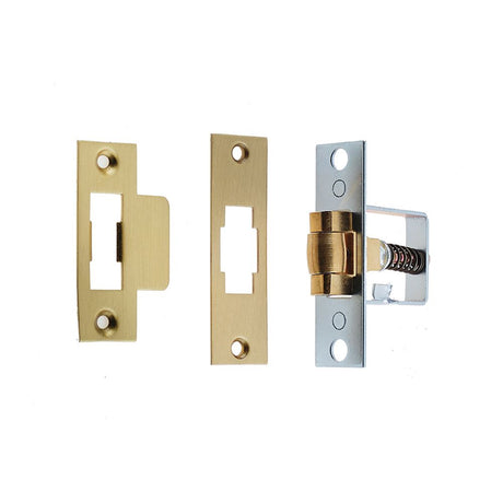 This is an image of a Frelan - Rollerbolt Catch - Satin Brass that is availble to order from T.H Wiggans Architectural Ironmongery in Kendal in Kendal.