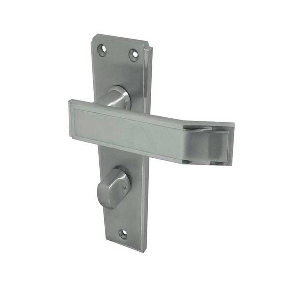 This is an image showing the Frelan - Deco Bathroom Lock Handles on Backplates - Satin Chrome available to order from T.H. Wiggans Ironmongery in Kendal