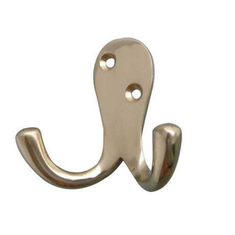 This is an image of a Frelan - Double Robe Hook - Polished Brass that is availble to order from T.H Wiggans Architectural Ironmongery in Kendal in Kendal.