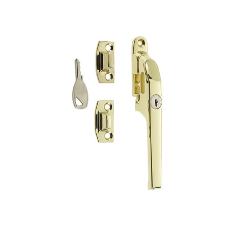 This is an image of a Frelan - Modern NV Lockable Casement Fastener - Polished Brass that is availble to order from T.H Wiggans Architectural Ironmongery in Kendal in Kendal.