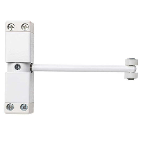 This is an image of Frelan - White spring arm door closer available to order from T.H Wiggans Architectural Ironmongery in Kendal, quick delivery and discounted prices.