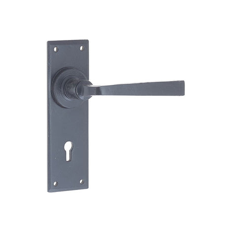 This is an image of Frelan - Valley Forge Standard Lever Lock Handles on Backplate - Black available to order from T.H Wiggans Architectural Ironmongery in Kendal, quick delivery and discounted prices.