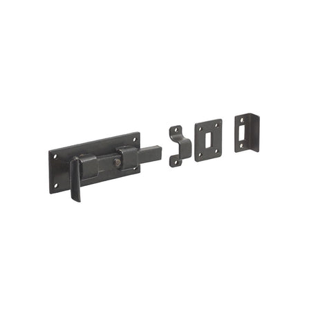 This is an image of a Frelan - Valley Forge 90mm Straight Door Bolt - Black that is availble to order from T.H Wiggans Architectural Ironmongery in Kendal in Kendal.