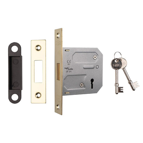 This is an image of a Eurospec - Lever Deadlock 76mm - Electro Brassed that is availble to order from T.H Wiggans Architectural Ironmongery in Kendal.