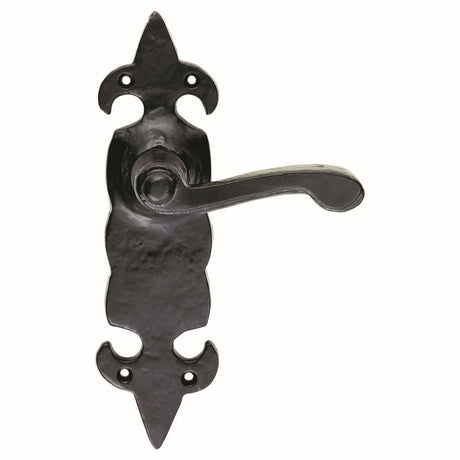 This is an image of Ludlow - Fleur de lys' Lever on Latch Backplate - Black Antique available to order from T.H Wiggans Architectural Ironmongery in Kendal, quick delivery and discounted prices.